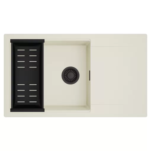 HD Onyx White 86-XL egymedencés mosogatótálca szett, matt fekete csepegtetőkosárral, csepegtetőtálcával, tört fehér színben, matt fekete leeresztő szifonnal