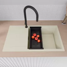 HD Onyx White 86-XL egymedencés mosogatótálca szett, matt fekete csepegtetőkosárral, csepegtetőtálcával, tört fehér színben, matt fekete leeresztő szifonnal