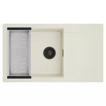 HD Onyx White 86-XL egymedencés mosogatótálca szett, acél csepegtetőkosárral, csepegtetőtálcával, tört fehér színben, matt fekete leeresztő szifonnal