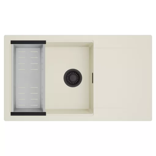 HD Onyx White 86-XL egymedencés mosogatótálca szett, acél csepegtetőkosárral, csepegtetőtálcával, tört fehér színben, matt fekete leeresztő szifonnal