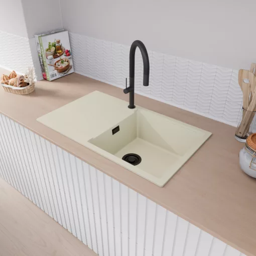 HD Onyx White 86-XL egymedencés mosogatótálca, csepegtetőtálcával, tört fehér színben, matt fekete leeresztő szifonnal