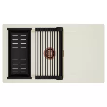 HD Onyx White 86-XL egymedencés mosogatótálca szett, matt fekete csepegtetőráccsal és kosárral, csepegtetőtálcával, tört fehér színben, szálcsiszolt réz leeresztő szifonnal