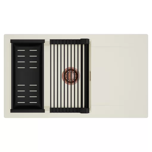 HD Onyx White 86-XL egymedencés mosogatótálca szett, matt fekete csepegtetőráccsal és kosárral, csepegtetőtálcával, tört fehér színben, szálcsiszolt réz leeresztő szifonnal