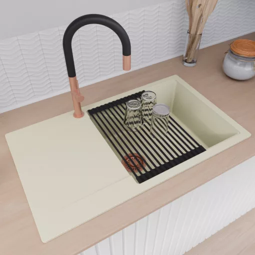 HD Onyx White 86-XL egymedencés mosogatótálca szett, matt fekete csepegtetőráccsal és kosárral, csepegtetőtálcával, tört fehér színben, szálcsiszolt réz leeresztő szifonnal