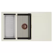 HD Onyx White 86-XL egymedencés mosogatótálca szett, matt fekete csepegtetőráccsal és krómozott kosárral, csepegtetőtálcával, tört fehér színben, szálcsiszolt réz leeresztő szifonnal