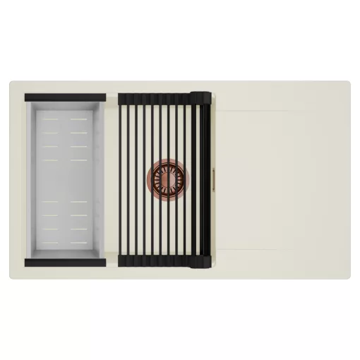 HD Onyx White 86-XL egymedencés mosogatótálca szett, matt fekete csepegtetőráccsal és krómozott kosárral, csepegtetőtálcával, tört fehér színben, szálcsiszolt réz leeresztő szifonnal