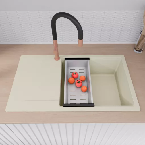 HD Onyx White 86-XL egymedencés mosogatótálca szett, matt fekete csepegtetőráccsal és krómozott kosárral, csepegtetőtálcával, tört fehér színben, szálcsiszolt réz leeresztő szifonnal