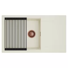 HD Onyx White 86-XL egymedencés mosogatótálca szett, matt fekete csepegtetőráccsal, csepegtetőtálcával, tört fehér színben, szálcsiszolt réz leeresztő szifonnal