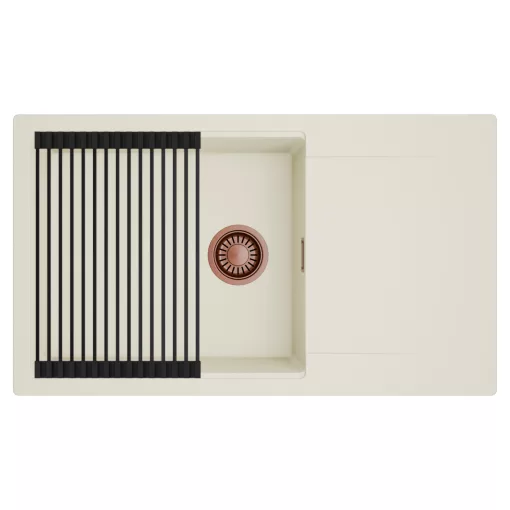 HD Onyx White 86-XL egymedencés mosogatótálca szett, matt fekete csepegtetőráccsal, csepegtetőtálcával, tört fehér színben, szálcsiszolt réz leeresztő szifonnal