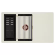 HD Onyx White 86-XL egymedencés mosogatótálca szett, acél csepegtetőráccsal és matt fekete kosárral, csepegtetőtálcával, tört fehér színben, szálcsiszolt réz leeresztő szifonnal