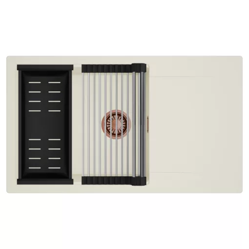 HD Onyx White 86-XL egymedencés mosogatótálca szett, acél csepegtetőráccsal és matt fekete kosárral, csepegtetőtálcával, tört fehér színben, szálcsiszolt réz leeresztő szifonnal