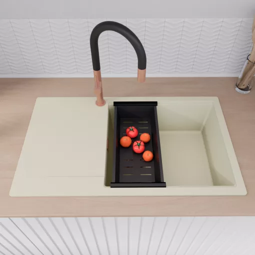 HD Onyx White 86-XL egymedencés mosogatótálca szett, acél csepegtetőráccsal és matt fekete kosárral, csepegtetőtálcával, tört fehér színben, szálcsiszolt réz leeresztő szifonnal