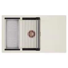 HD Onyx White 86-XL egymedencés mosogatótálca szett, acél csepegtetőráccsal és kosárral, csepegtetőtálcával, tört fehér színben, szálcsiszolt réz leeresztő szifonnal