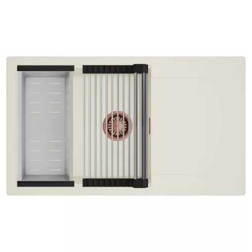 HD Onyx White 86-XL egymedencés mosogatótálca szett, acél csepegtetőráccsal és kosárral, csepegtetőtálcával, tört fehér színben, szálcsiszolt réz leeresztő szifonnal