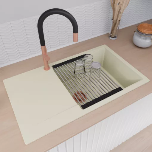 HD Onyx White 86-XL egymedencés mosogatótálca szett, acél csepegtetőráccsal és kosárral, csepegtetőtálcával, tört fehér színben, szálcsiszolt réz leeresztő szifonnal