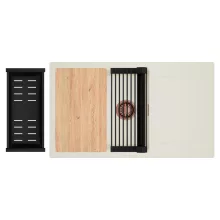 HD Onyx White 86-XL egymedencés mosogatótálca szett, vágódeszkával, matt fekete csepegtetőráccsal és kosárral, csepegtetőtálcával, tört fehér színben, szálcsiszolt réz leeresztő szifonnal