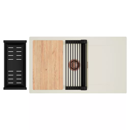 HD Onyx White 86-XL egymedencés mosogatótálca szett, vágódeszkával, matt fekete csepegtetőráccsal és kosárral, csepegtetőtálcával, tört fehér színben, szálcsiszolt réz leeresztő szifonnal