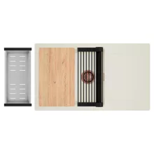 HD Onyx White 86-XL egymedencés mosogatótálca szett, vágódeszkával, matt fekete csepegtetőráccsal és krómozott kosárral, csepegtetőtálcával, tört fehér színben, szálcsiszolt réz leeresztő szifonnal