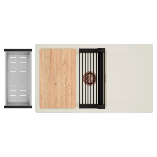 HD Onyx White 86-XL egymedencés mosogatótálca szett, vágódeszkával, matt fekete csepegtetőráccsal és krómozott kosárral, csepegtetőtálcával, tört fehér színben, szálcsiszolt réz leeresztő szifonnal