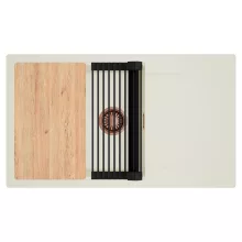 HD Onyx White 86-XL egymedencés mosogatótálca szett, vágódeszkával, matt fekete csepegtetőráccsal, csepegtetőtálcával, tört fehér színben, szálcsiszolt réz leeresztő szifonnal