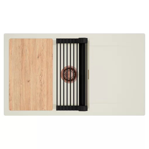 HD Onyx White 86-XL egymedencés mosogatótálca szett, vágódeszkával, matt fekete csepegtetőráccsal, csepegtetőtálcával, tört fehér színben, szálcsiszolt réz leeresztő szifonnal