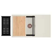 HD Onyx White 86-XL egymedencés mosogatótálca szett, vágódeszkával, acél csepegtetőráccsal és matt fekete kosárral, csepegtetőtálcával, tört fehér színben, szálcsiszolt réz leeresztő szifonnal