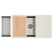 HD Onyx White 86-XL egymedencés mosogatótálca szett, vágódeszkával, acél csepegtetőráccsal és kosárral, csepegtetőtálcával, tört fehér színben, szálcsiszolt réz leeresztő szifonnal