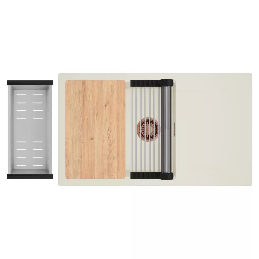 HD Onyx White 86-XL egymedencés mosogatótálca szett, vágódeszkával, acél csepegtetőráccsal és kosárral, csepegtetőtálcával, tört fehér színben, szálcsiszolt réz leeresztő szifonnal