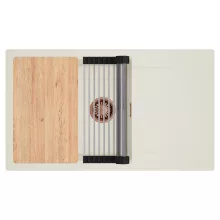 HD Onyx White 86-XL egymedencés mosogatótálca szett, vágódeszkával, acél csepegtetőráccsal, csepegtetőtálcával, tört fehér színben, szálcsiszolt réz leeresztő szifonnal