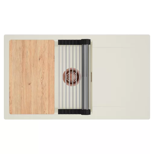 HD Onyx White 86-XL egymedencés mosogatótálca szett, vágódeszkával, acél csepegtetőráccsal, csepegtetőtálcával, tört fehér színben, szálcsiszolt réz leeresztő szifonnal