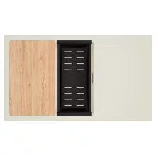 HD Onyx White 86-XL egymedencés mosogatótálca szett, vágódeszkával, matt fekete csepegtetőkosárral, csepegtetőtálcával, tört fehér színben, szálcsiszolt réz leeresztő szifonnal