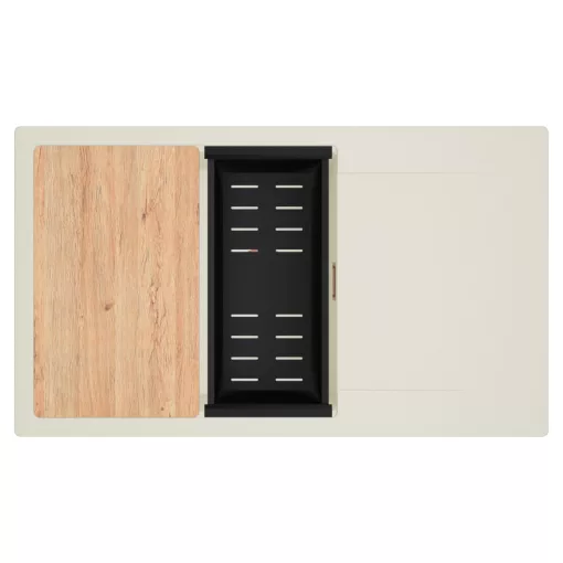 HD Onyx White 86-XL egymedencés mosogatótálca szett, vágódeszkával, matt fekete csepegtetőkosárral, csepegtetőtálcával, tört fehér színben, szálcsiszolt réz leeresztő szifonnal