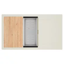 HD Onyx White 86-XL egymedencés mosogatótálca szett, vágódeszkával, acél csepegtetőkosárral, csepegtetőtálcával, tört fehér színben, szálcsiszolt réz leeresztő szifonnal