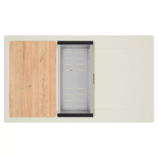 HD Onyx White 86-XL egymedencés mosogatótálca szett, vágódeszkával, acél csepegtetőkosárral, csepegtetőtálcával, tört fehér színben, szálcsiszolt réz leeresztő szifonnal