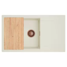 HD Onyx White 86-XL egymedencés mosogatótálca, vágódeszkával, csepegtetőtálcával, tört fehér színben, szálcsiszolt réz leeresztő szifonnal