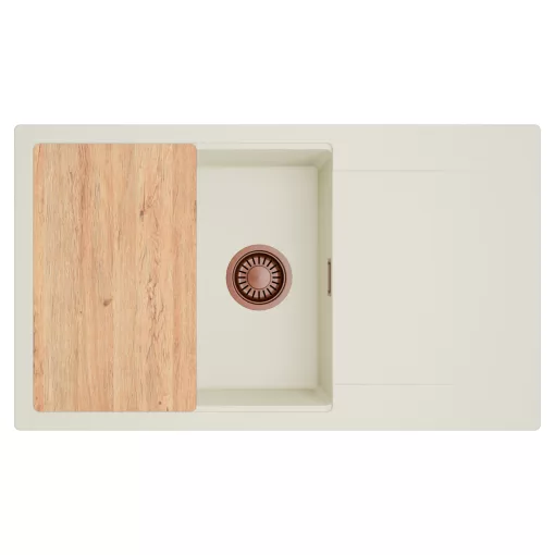 HD Onyx White 86-XL egymedencés mosogatótálca, vágódeszkával, csepegtetőtálcával, tört fehér színben, szálcsiszolt réz leeresztő szifonnal