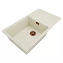 HD Onyx White 86-XL egymedencés mosogatótálca, vágódeszkával, csepegtetőtálcával, tört fehér színben, szálcsiszolt réz leeresztő szifonnal