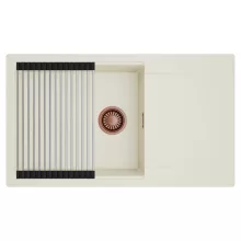 HD Onyx White 86-XL egymedencés mosogatótálca szett, acél csepegtetőráccsal, csepegtetőtálcával, tört fehér színben, szálcsiszolt réz leeresztő szifonnal