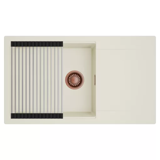 HD Onyx White 86-XL egymedencés mosogatótálca szett, acél csepegtetőráccsal, csepegtetőtálcával, tört fehér színben, szálcsiszolt réz leeresztő szifonnal