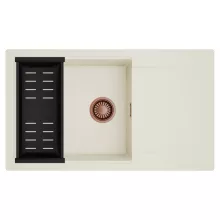 HD Onyx White 86-XL egymedencés mosogatótálca szett, matt fekete csepegtetőkosárral, csepegtetőtálcával, tört fehér színben, szálcsiszolt réz leeresztő szifonnal