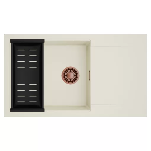 HD Onyx White 86-XL egymedencés mosogatótálca szett, matt fekete csepegtetőkosárral, csepegtetőtálcával, tört fehér színben, szálcsiszolt réz leeresztő szifonnal
