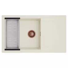 HD Onyx White 86-XL egymedencés mosogatótálca szett, acél csepegtetőkosárral, csepegtetőtálcával, tört fehér színben, szálcsiszolt réz leeresztő szifonnal