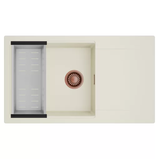 HD Onyx White 86-XL egymedencés mosogatótálca szett, acél csepegtetőkosárral, csepegtetőtálcával, tört fehér színben, szálcsiszolt réz leeresztő szifonnal