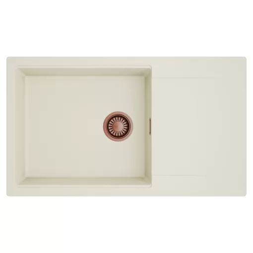 HD Onyx White 86-XL egymedencés mosogatótálca, csepegtetőtálcával, tört fehér színben, szálcsiszolt réz leeresztő szifonnal