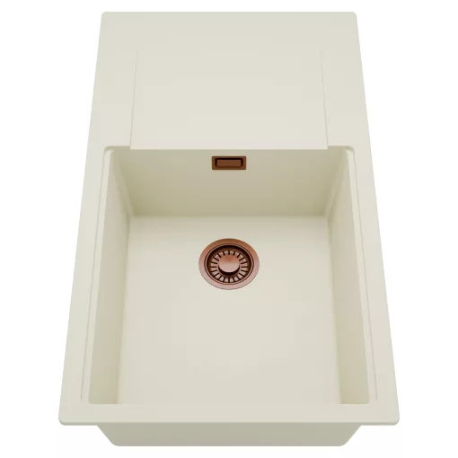 HD Onyx White 86-XL egymedencés mosogatótálca, csepegtetőtálcával, tört fehér színben, szálcsiszolt réz leeresztő szifonnal