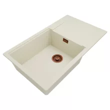 HD Onyx White 86-XL egymedencés mosogatótálca, csepegtetőtálcával, tört fehér színben, szálcsiszolt réz leeresztő szifonnal