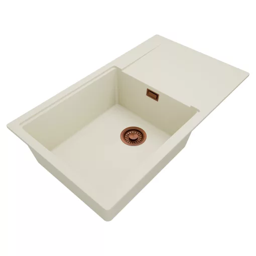 HD Onyx White 86-XL egymedencés mosogatótálca, csepegtetőtálcával, tört fehér színben, szálcsiszolt réz leeresztő szifonnal