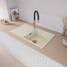 HD Onyx White 86-XL egymedencés mosogatótálca, csepegtetőtálcával, tört fehér színben, szálcsiszolt réz leeresztő szifonnal