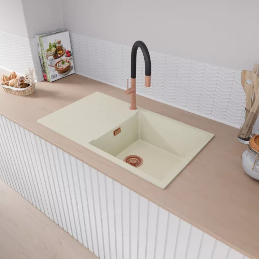 HD Onyx White 86-XL egymedencés mosogatótálca, csepegtetőtálcával, tört fehér színben, szálcsiszolt réz leeresztő szifonnal