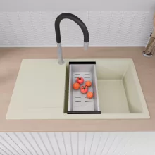 HD Onyx White 86-XL egymedencés mosogatótálca szett, matt fekete csepegtetőráccsal és krómozott kosárral, csepegtetőtálcával, tört fehér színben